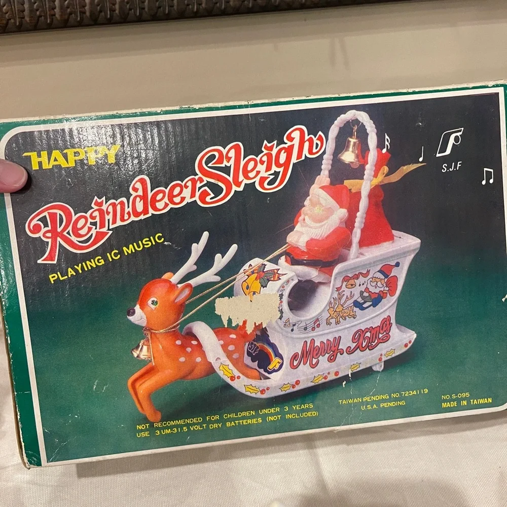 Vintage S.J.F. Happy Reindeer Sleigh Santa Christmas Musical Decoration